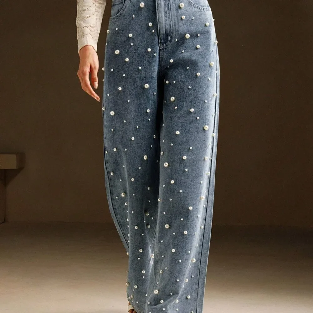 Blue Casual Women's High Waist Pearl Embellished Straight Loose Wide Leg Jeans
